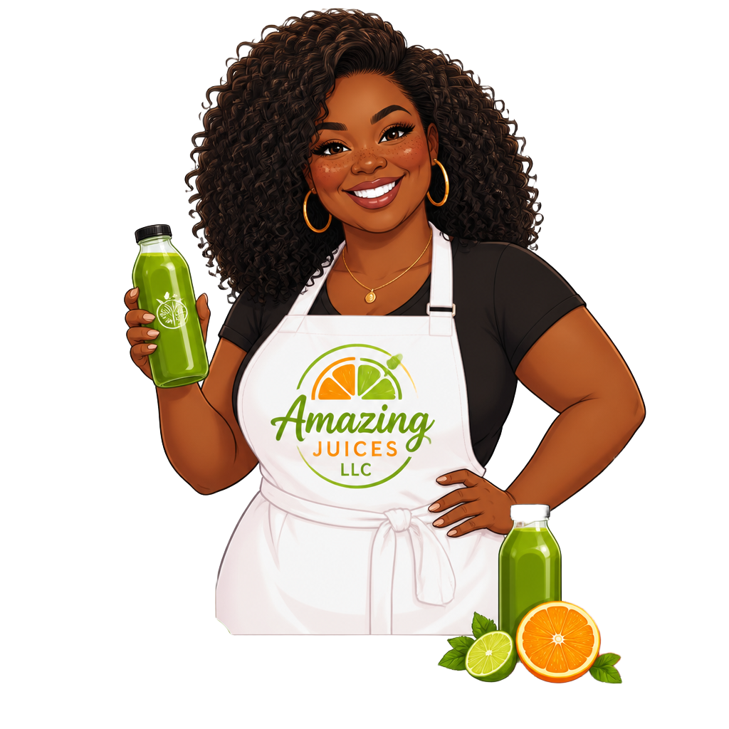 Cartoon illustration of the owner of Amazing Juices LLC wearing a logo apron and holding a fresh green juice